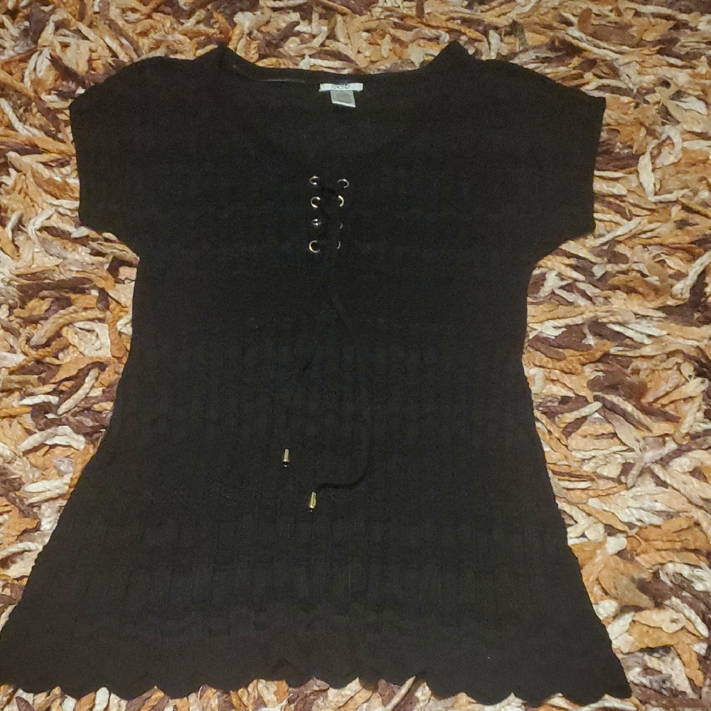 Cache Black Lace-Up Short Sleeve Sweater Top